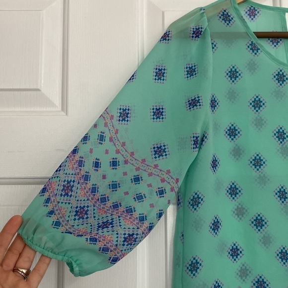 Everly boho sheer blouse in soft turquoise. - Picture 3 of 14